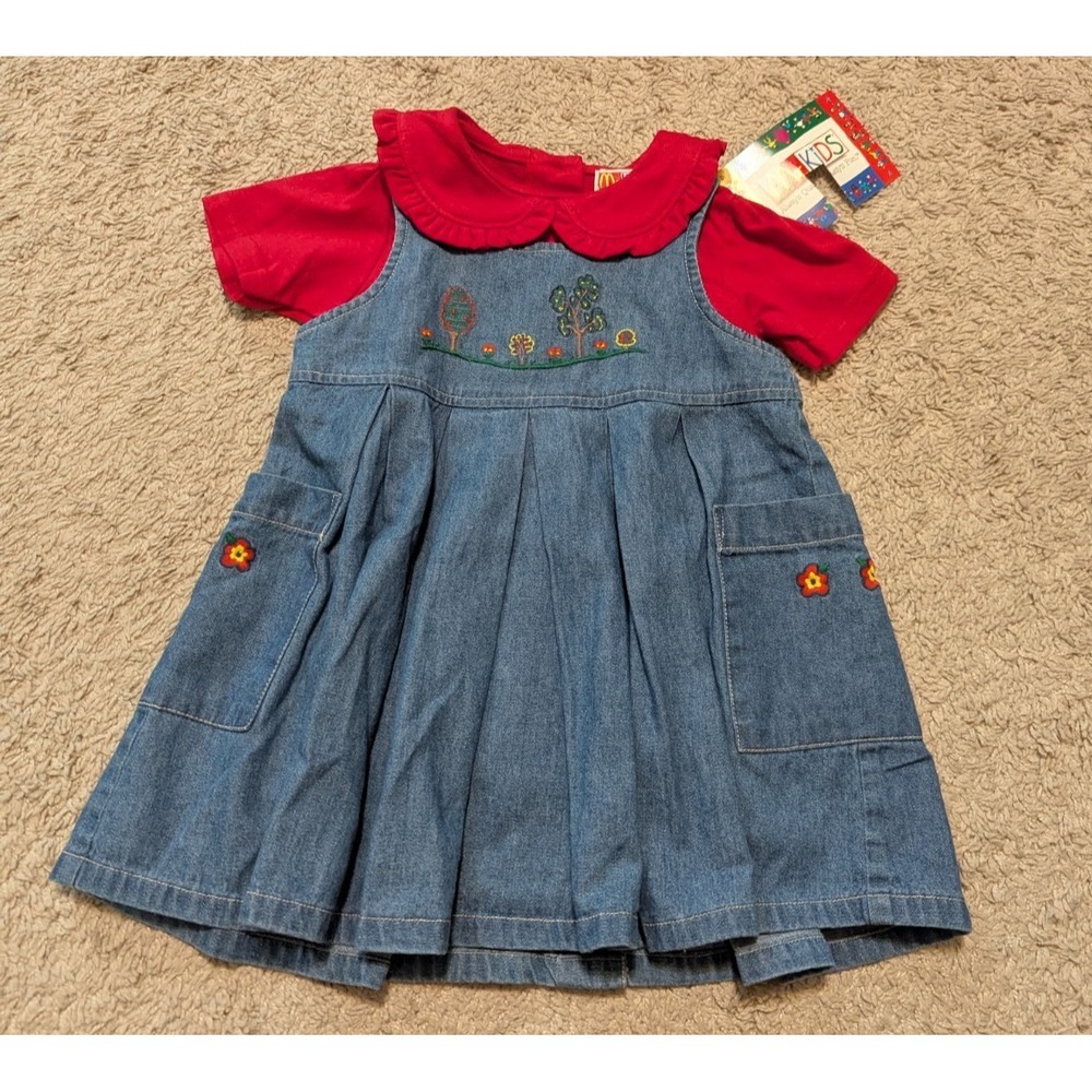 Vtg McKids 90s Dress Sz 2T Girls Jumper 2pc Embroidered Floral Flower Mcdonalds